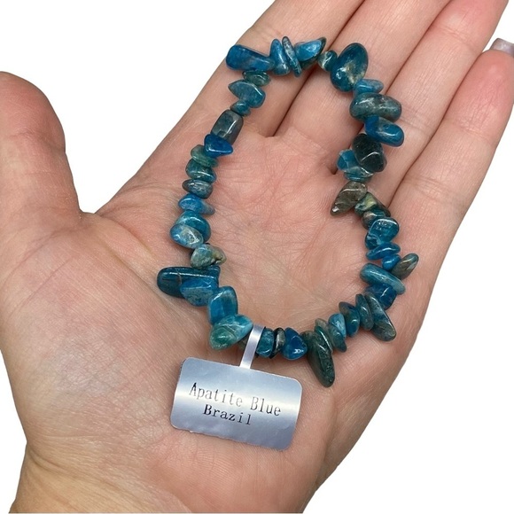 Apatite Gemstone Chips Beaded Stretch Bracelet Stone Boho Beads Blue Crystal - Picture 3 of 4